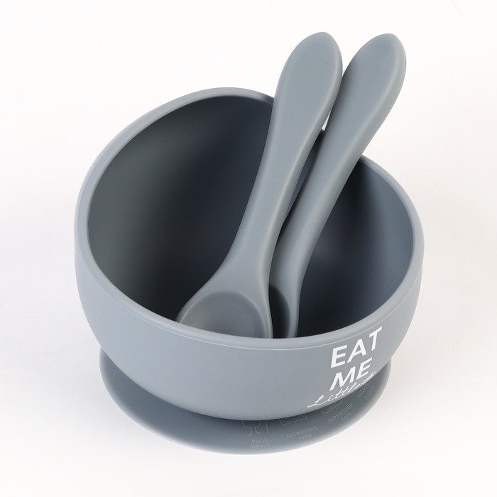 Тарелка детская на присоске и столовые приборы M&B, силикон, серый Тарелка детская на присоске и столовые приборы M&B, силикон, серый