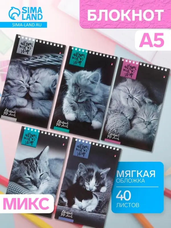 Блокнот &laquo;Альт. Кошки&raquo;, А5, 40 листов, на гребне, МИКС