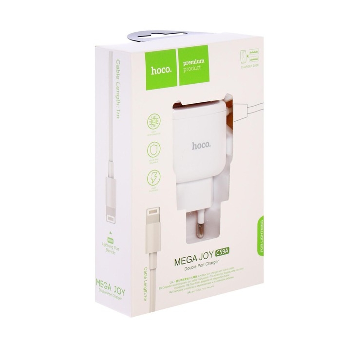 Сетевое зарядное устройство Hoco C59A, 2 USB - 2.4 А, кабель Lightning 1 м, белый Сетевое зарядное устройство Hoco C59A, 2 USB - 2.4 А, кабель Lightning 1 м, белый