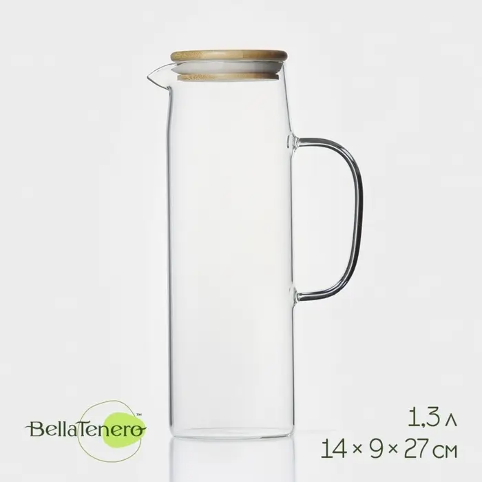 Кувшин BellaTenero &laquo;Эко&raquo;, 1.3 л, 14&times;9&times;27 см, с бамбуковой крышкой, стекло, прозрачный, без упаковки