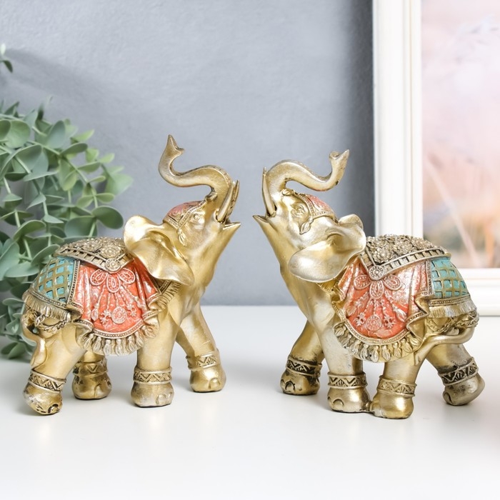 Сувенир полистоун Сувенир полистоун "Золотой слон в цветной богатой попоне" МИКС 6х11х13 см