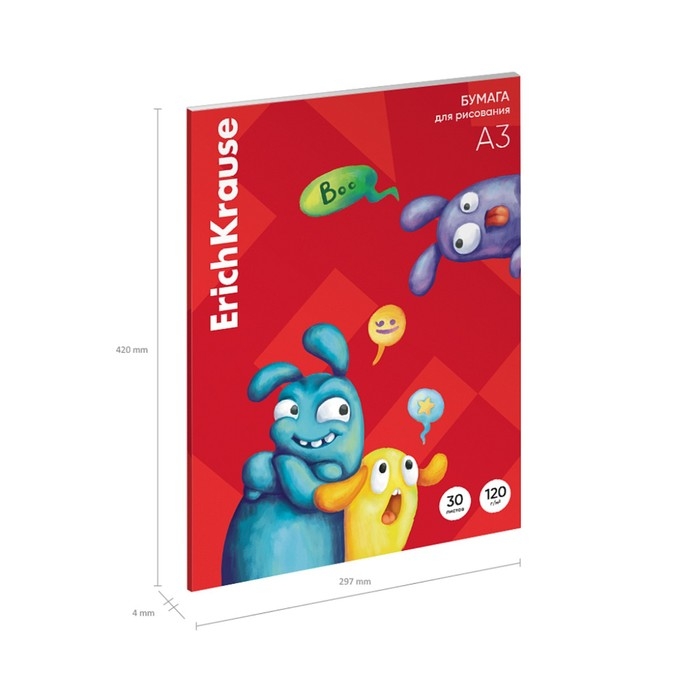 Бумага для рисования А3, 30 листов, ErichKrause Jolly Friends, блок 120 г/м², 100% белизна, картонная папка Бумага для рисования А3, 30 листов, ErichKrause Jolly Friends, блок 120 г/м², 100% белизна, картонная папка