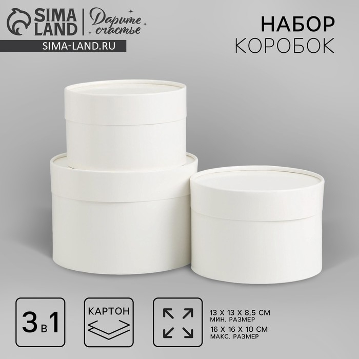 Набор шляпных коробок 3 в 1 белый, упаковка подарочная, 16 х 10, 14 х 9, 13 х 8,5 см Набор шляпных коробок 3 в 1 белый, упаковка подарочная, 16 х 10, 14 х 9, 13 х 8,5 см