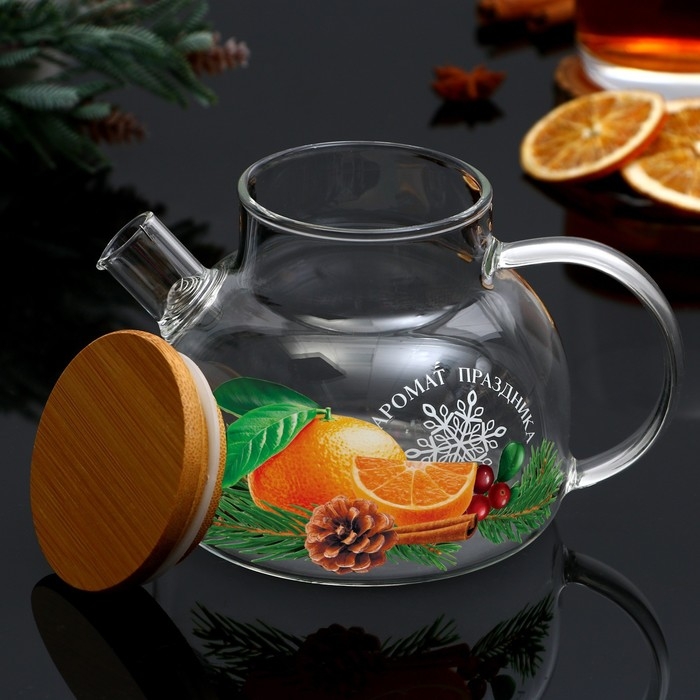 Новый год. Чайник заварочный стеклянный с бамбуковой крышкой «Аромат праздника», 600 мл Новый год. Чайник заварочный стеклянный с бамбуковой крышкой «Аромат праздника», 600 мл