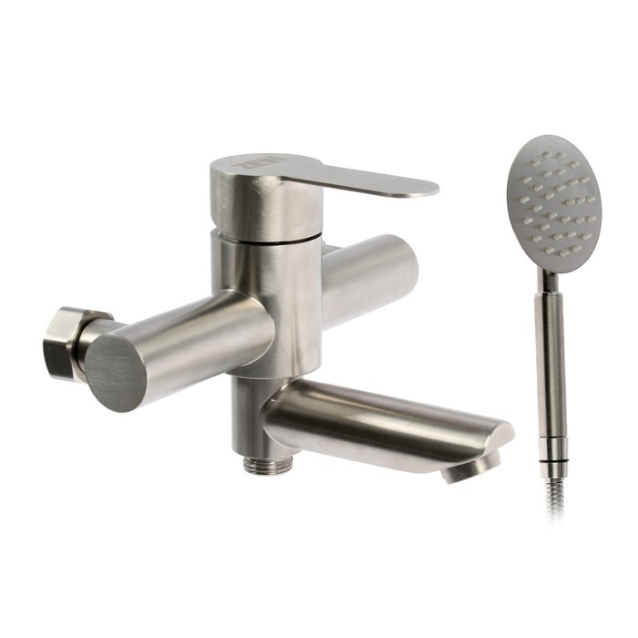 Смеситель для ванны ZEIN ZS5, короткий излив, с душевым набором, нержавеющая сталь, сатин Смеситель для ванны ZEIN ZS5, короткий излив, с душевым набором, нержавеющая сталь, сатин