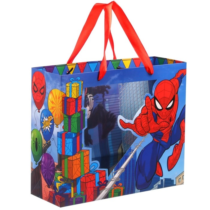 Пакет подарочный с пластиковым окном, 31 х 26 х 11 см, Человек Паук