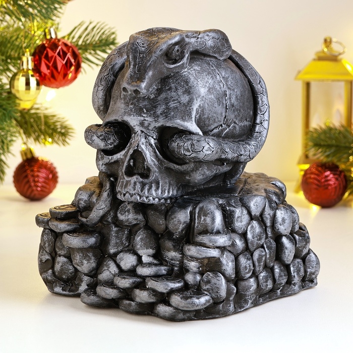 Новый год. Символ 2025. Копилка Новый год. Символ 2025. Копилка "Змея в черепе" 15х15х18см, серебро