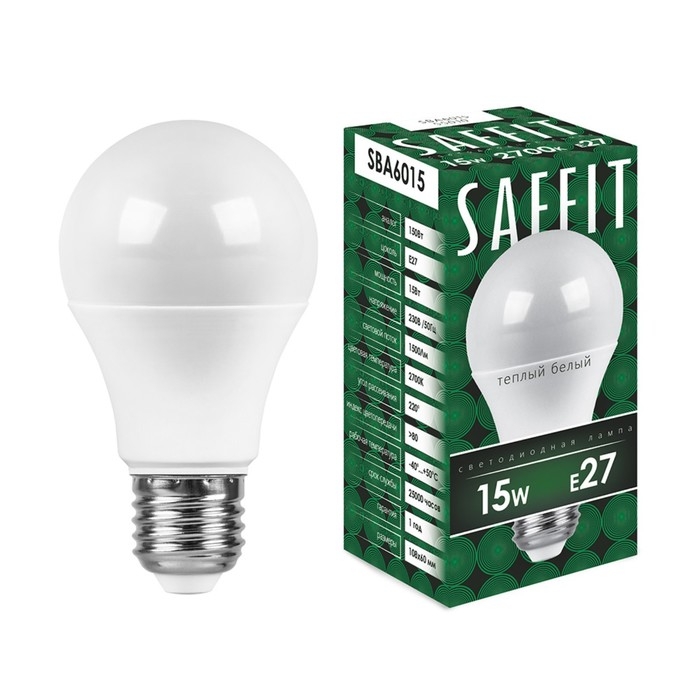Лампа светодиодная SAFFIT SBA6015, A60, E27, 15 Вт, 230 В, 2700 К, 1500 Лм, 220°, 118х60 мм Лампа светодиодная SAFFIT SBA6015, A60, E27, 15 Вт, 230 В, 2700 К, 1500 Лм, 220°, 118х60 мм