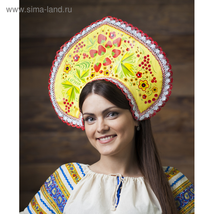 Кокошник «Хохлома ягодки», жёлтый атлас Кокошник «Хохлома ягодки», жёлтый атлас