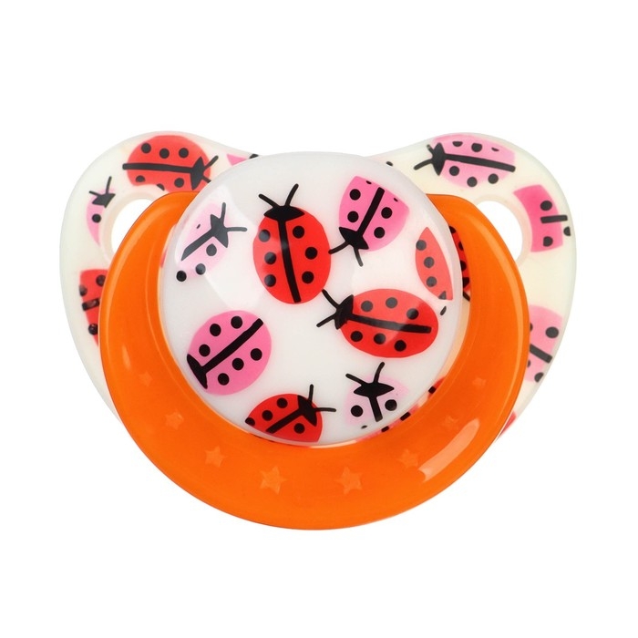 Соска - пустышка силиконовая ортодонтическая «Божья коровка», от 3 мес., с колпачком, цвет оранжевый
