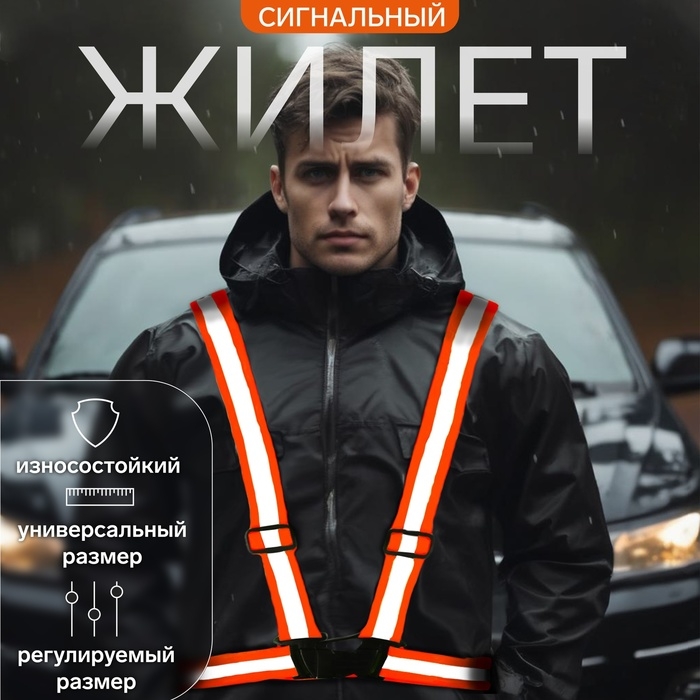 Жилет сигнальный, светоотражающий с регулируемым размером, оранжевый Жилет сигнальный, светоотражающий с регулируемым размером, оранжевый