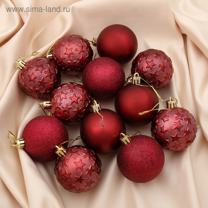 Набор шаров пластик d-6 см, 12 шт Набор шаров пластик d-6 см, 12 шт "Звёздный" бордовый