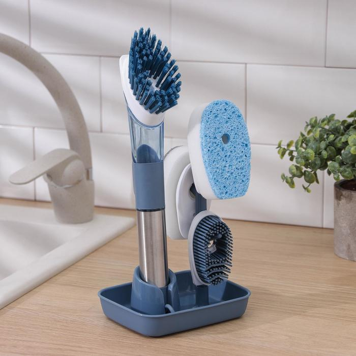 Набор для чистки посуды Raccoon «Практик», ручка-дозатор, 4 щётки, держатель-стойка, цвет синий Набор для чистки посуды Raccoon «Практик», ручка-дозатор, 4 щётки, держатель-стойка, цвет синий