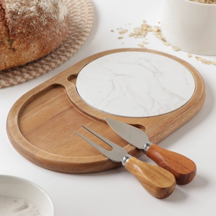 Набор для подачи сыра «Мрамор», 2 ножа, доска, 24,5×16×1,5 см, акация Набор для подачи сыра «Мрамор», 2 ножа, доска, 24,5×16×1,5 см, акация