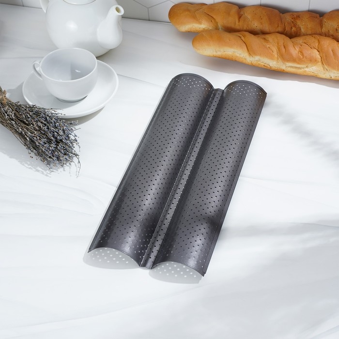 Форма для выпечки перфорированная Доляна «Хлеб. Багет», 38×16,5×2,5 см, антипригарное покрытие Форма для выпечки перфорированная Доляна «Хлеб. Багет», 38×16,5×2,5 см, антипригарное покрытие