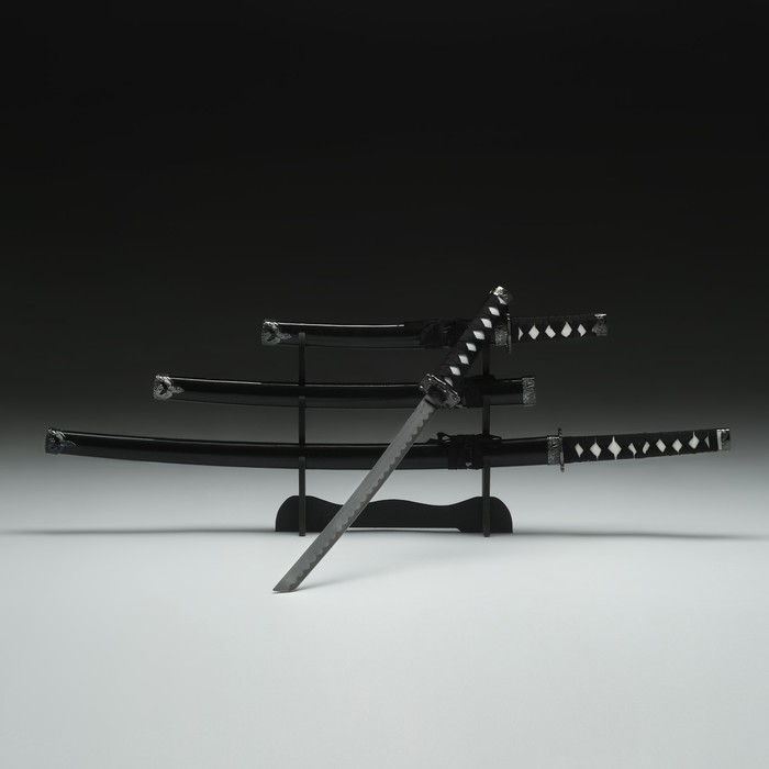 Сув. изделие катаны 3в1 на подставке, ножны дерево, черные глянец 54/81/100см, рукоять микс