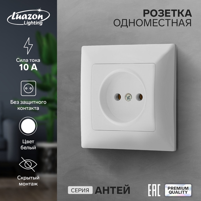 Розетка одноместная Luazon Lighting  Розетка одноместная Luazon Lighting "Антей", 10 А, скрытая, без з/к, белая