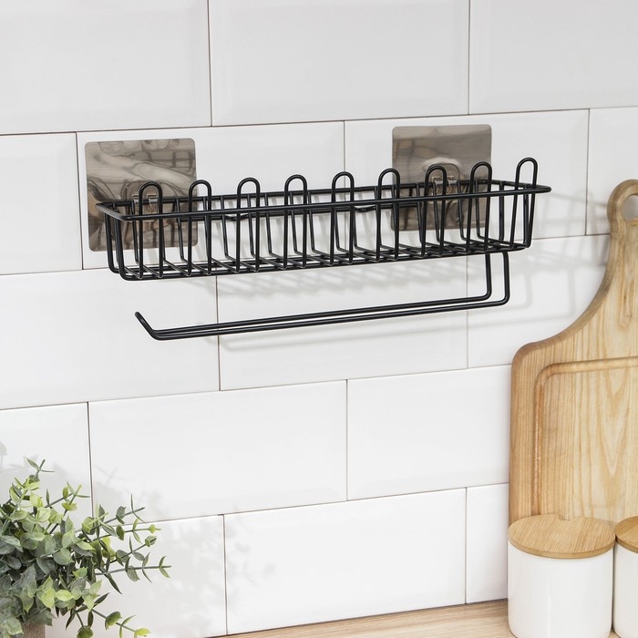 Полочка для губок и моющего средства, с держателем для полотенец, на липучке, цвет чёрный Полочка для губок и моющего средства, с держателем для полотенец, на липучке, цвет чёрный