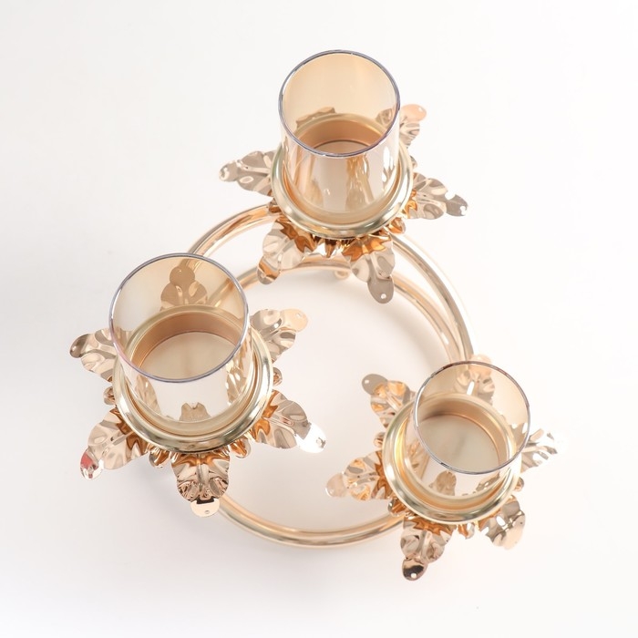 Подсвечник металл, стекло на 3 свечи "Ветвь с листиками" d-5 см золото 15х15х23,5 см