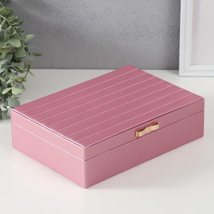 Шкатулка кожзам для украшений  Шкатулка кожзам для украшений "Стёганная. Полоски. Бант" розовый металлик 17х24х7 см
