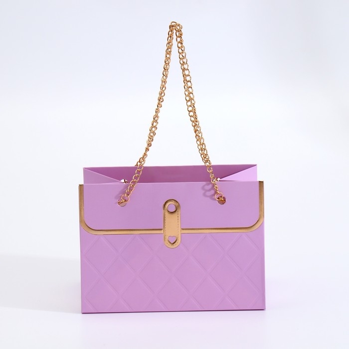 Пакет для цветов, ручка цепь,  Пакет для цветов, ручка цепь, "Сиреневый", с золотым тиснением, 15 х 10,5 х 10 см