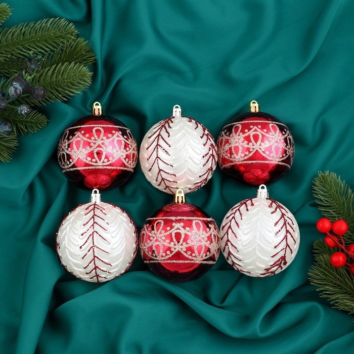 Набор шаров пластик d-8 см, 6 шт Набор шаров пластик d-8 см, 6 шт "Ночка" орнамент, красный белый