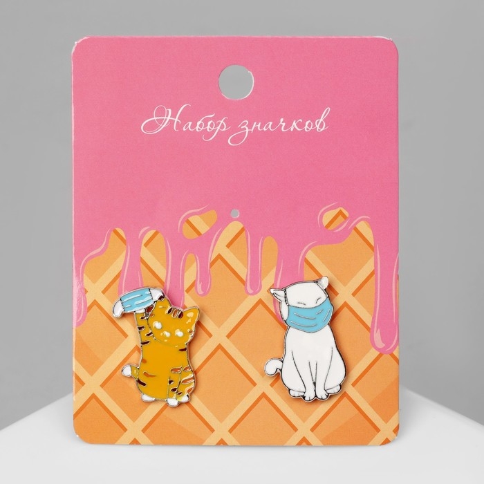 Набор значков (2 шт.) «Коты» в масках, цветной в серебре Набор значков (2 шт.) «Коты» в масках, цветной в серебре
