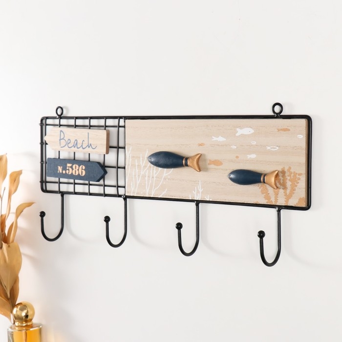 Крючки декоративные дерево, металл Крючки декоративные дерево, металл "Синие рыбки" 40,2х4х17,7 см