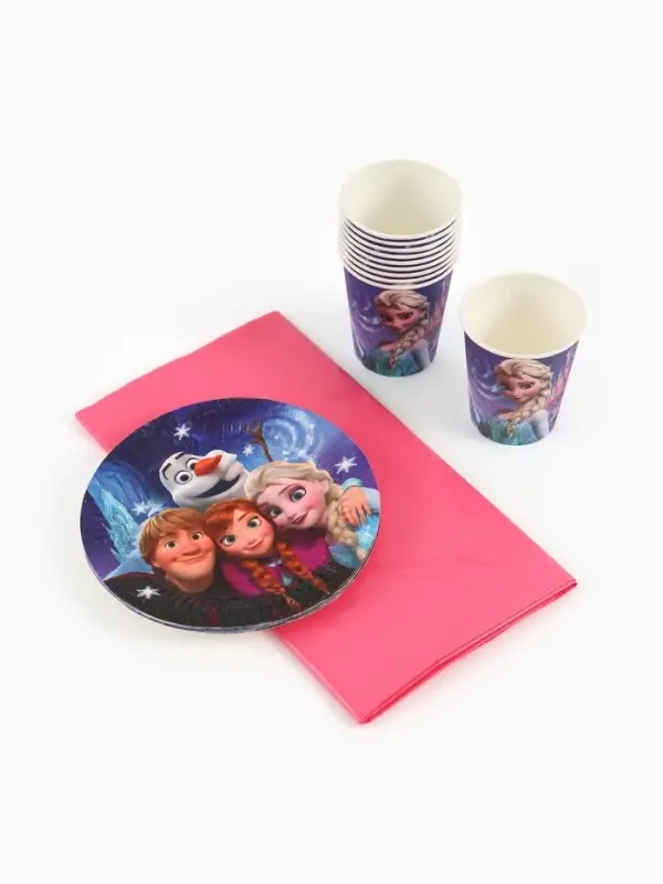 Посуда одноразовая бумажная на 10 персон: стаканы, тарелки, скатерть, Снежная принцесса Посуда одноразовая бумажная на 10 персон: стаканы, тарелки, скатерть, Снежная принцесса