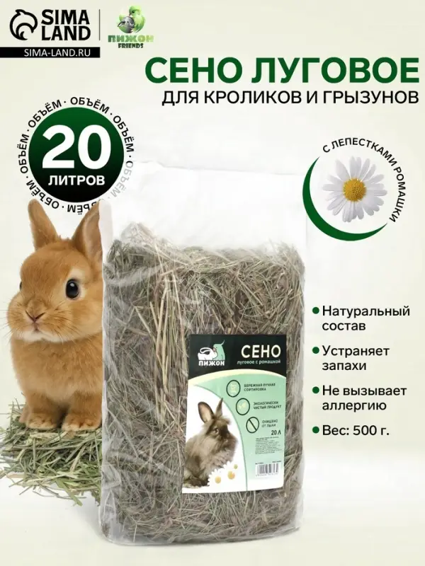 Сено луговое &laquo;Пижон&raquo; лепестки ромашки, для грызунов, 20 л, 500 г