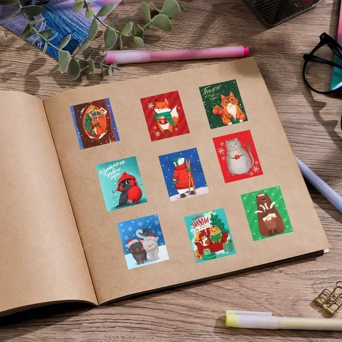Наклейки новогодние бумажные «Милые животные», 11 х 15.5 см