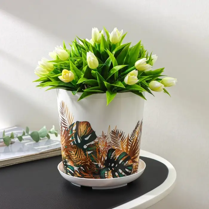 Горшок для цветов с поддоном Доляна «Голди. Листья», 1,6 л, d=14 см, h=15,5 см, пластиковый, цвет белый Горшок для цветов с поддоном Доляна «Голди. Листья», 1,6 л, d=14 см, h=15,5 см, пластиковый, цвет белый