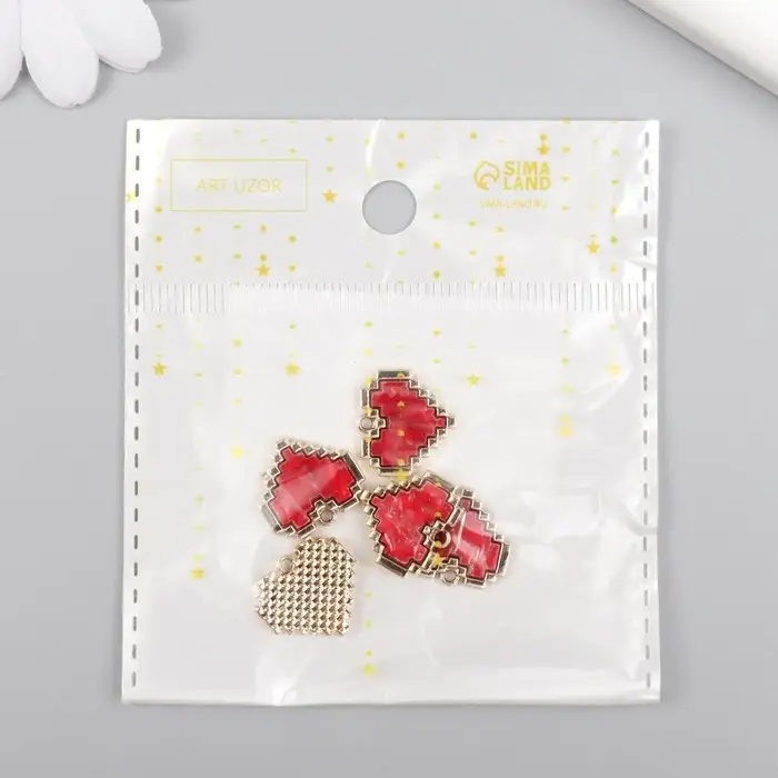 Металлический элемент, декоративная подвеска «Арт Узор. Красное сердце. Пиксели», эмаль, золото, 0.2×1.6×1.5 см