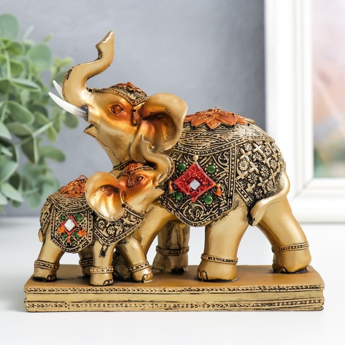 Сувенир полистоун Сувенир полистоун "Слониха со слонёнком в попоне с ромбом" бронза 14х6,3х13,5 см