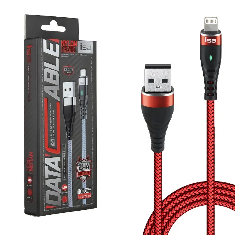 Кабель USB на Lightning 1m 2.4A нейлон LED DC-01 ISA красный