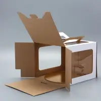 Коробка под торт 2 окна, с ручками, белая, + подложка 2.5 золото - белый, 28&times;28&times;20 см