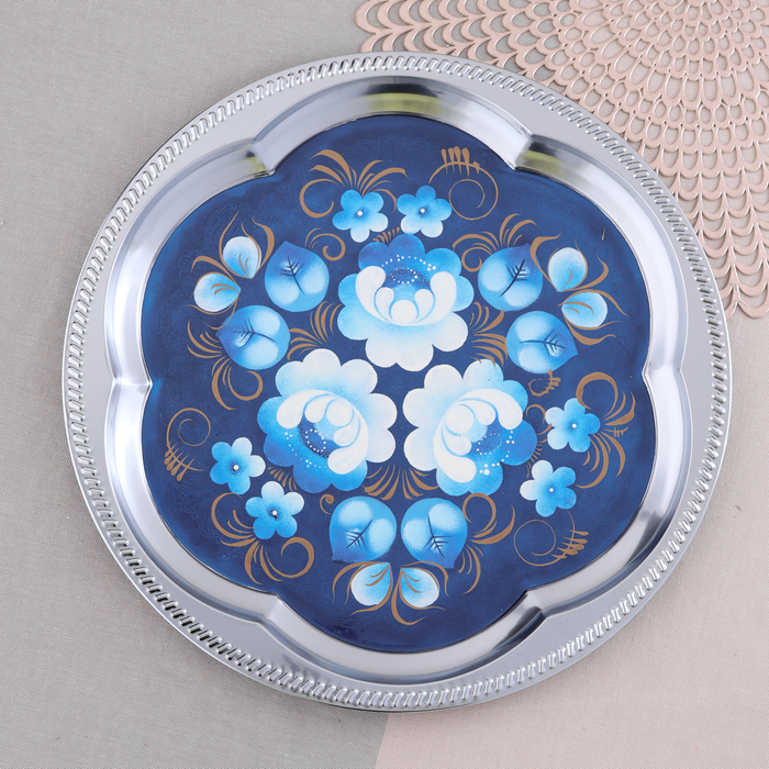 Набор «Жостово на синем», рюмка, 3 предмета, самовар 3 л, заварочный чайник 0,7 л, поднос Набор «Жостово на синем», рюмка, 3 предмета, самовар 3 л, заварочный чайник 0,7 л, поднос