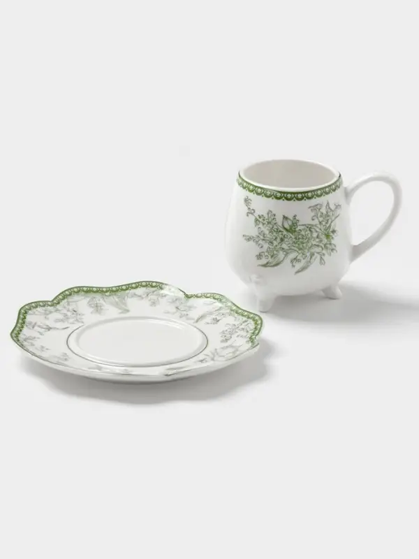 Чайная пара WY Bloomware, 2 предмета; чашка 220 мл, блюдце 15 см, фарфор, белая, зелёная