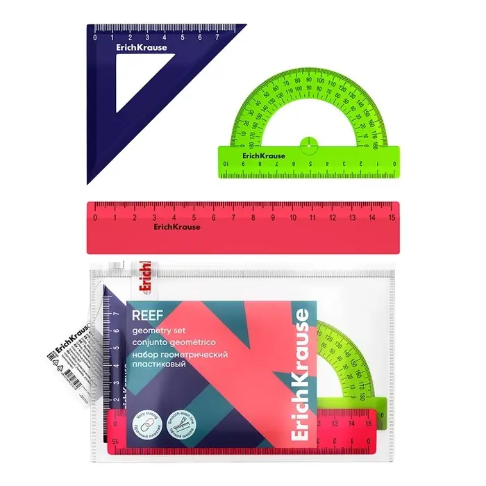 Набор геометрический малый ErichKrause Reef: линейка, угольник, транспортир, МИКС
