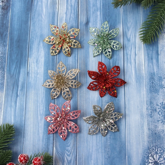 Украшение ёлочное Украшение ёлочное "Блестящие цветки" (набор 6 шт) 6х6 см, микс