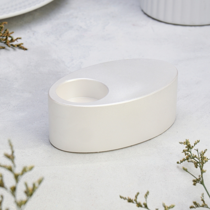 Подсвечник Подсвечник "Узкий овал. Мрамор" из гипса,11,5х7х4см,белый перламутр