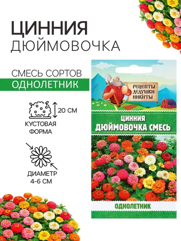 Семена цветов Цинния &laquo;Дюймовочка&raquo;, 0.2 г, &laquo;Рецепты дедушки Никиты&raquo;
