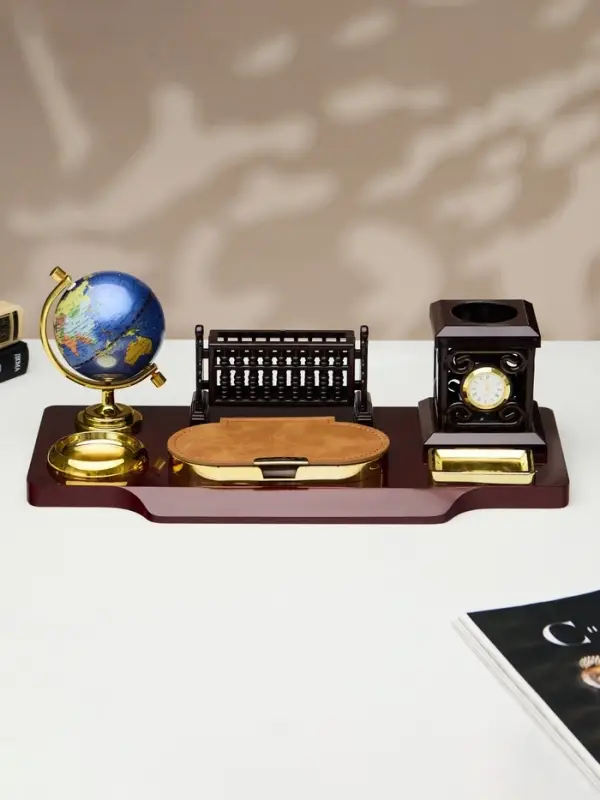 Набор настольный, органайзер 6 в 1, с визитницей и часами, вишня