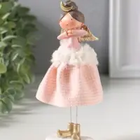 Сувенир полистоун "Ангелочек в розовом клетчатом наряде с мехом" 6х5,5х17,5 см