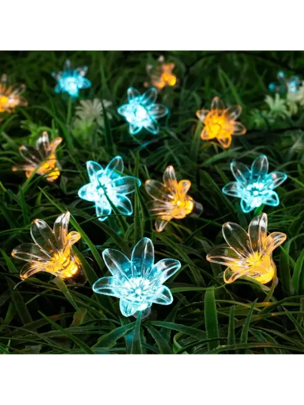 Гирлянда &laquo;Нить&raquo;, 4.5 м, уличная, с насадками &laquo;Цветок&raquo;, IP44, 30 LED, 2 режима, солнечная батарея, тёмная нить, свечение жёлтое/аквамарин