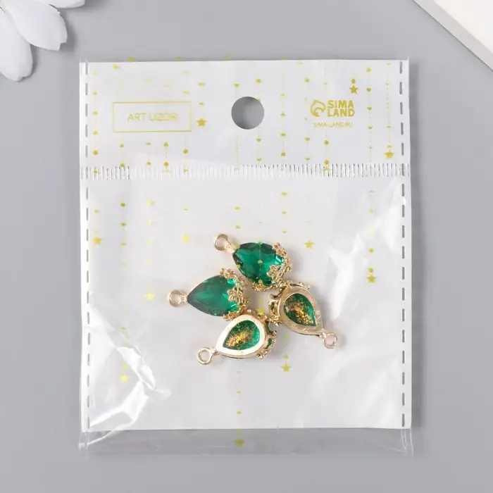 Декор для творчества пластик  Декор для творчества пластик "Капля с золотыми цветочками" морская волна кристалл 2х1,2 см