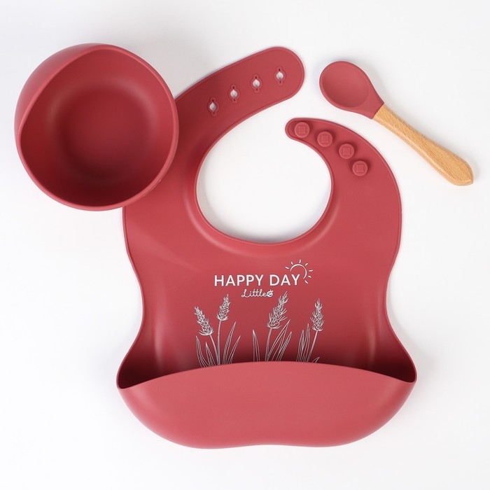 Набор для кормления: нагрудник, тарелка на присоске, ложка, M&B, вишневый Набор для кормления: нагрудник, тарелка на присоске, ложка, M&B, вишневый