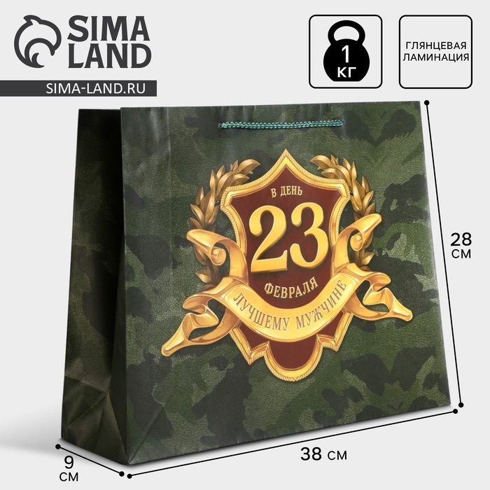 Пакет подарочный ламинированный горизонтальный, упаковка, «С 23 февраля», L 28 х 38 х 9 см