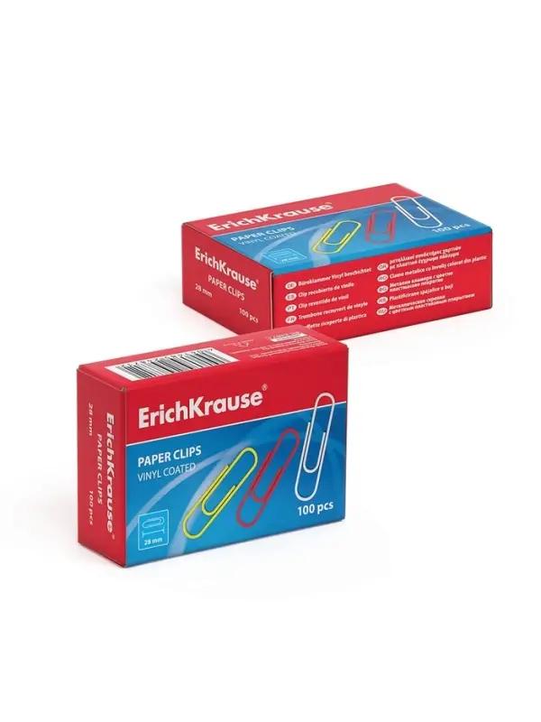 Скрепки канцелярские ErichKrause, 28 мм, 100 штук, цветные с виниловым покрытием, картонная упаковка, МИКС