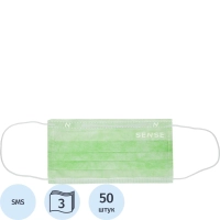 Маска медицинская 3-х сл., резинка, мятный/зеленый, Sense, картон 50шт/уп